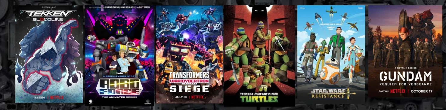 Selected work credits banner featuring Tekken, Robo Force, Transformers, TMNT, Star Wars Resistance, and Gundam